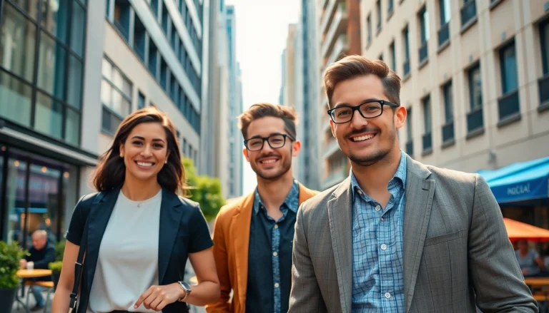 Illustration d'un style de vie urbain vibrant avec des personnes heureuses dans un cadre moderne.