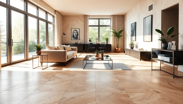 Salon moderne mettant en valeur un carrelage élégant, baigné de lumière naturelle et décor chic.