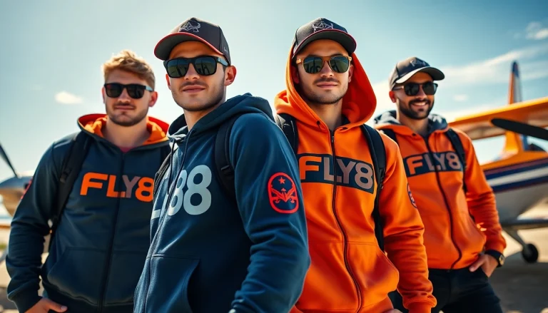 FLY88's aviation-inspired clothing showcased against a sunny backdrop with vintage aircraft.