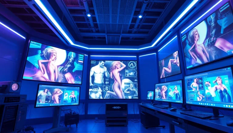 Innovative workspace for AI porn content generation with digital displays.