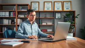 Traducteur professionnel dans un bureau moderne, symbole des services de traduction certifiée fiables.