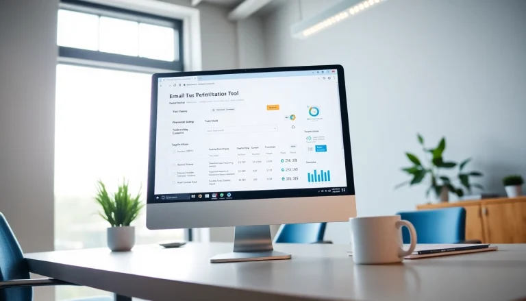Interface d'outil de vérification d'e-mails optimisée dans un bureau moderne montrant la vérification d'e-mails en ligne.