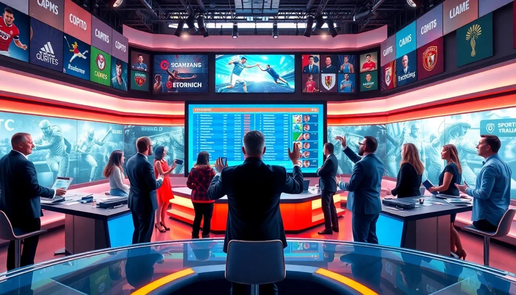 Dynamic studio scene of sports broadcasting with presenters showcasing live stats.