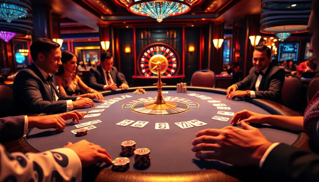 Engaged players at a Cwin poker table showcasing strategy and excitement in a luxurious casino.