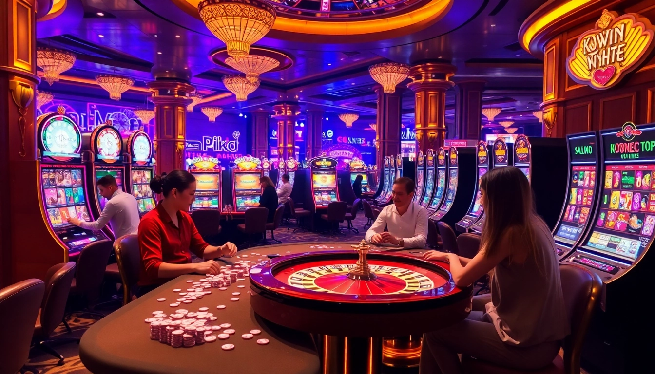 Experience the thrill of kuwin nổ hũ at an upscale casino with vibrant slot machines.