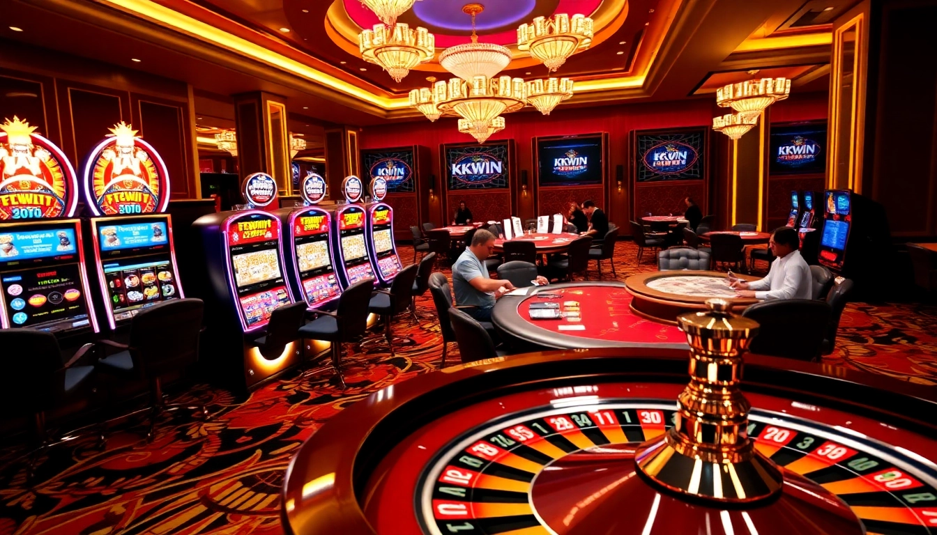 A thrilling casino scene featuring roulette and slot machines, embodying the excitement of kkwin.com gaming.