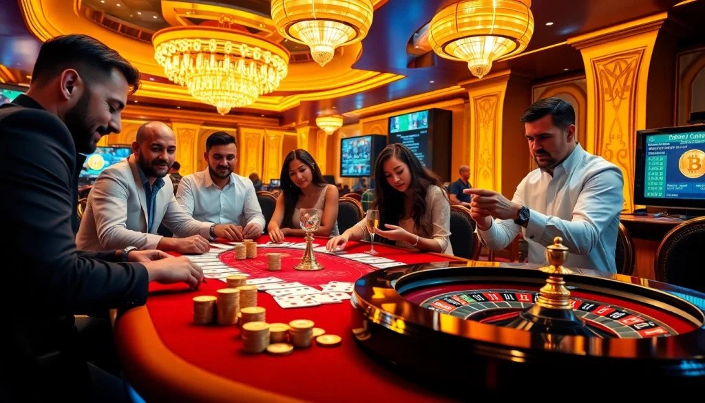 Exciting gameplay at Bitcoin casinos featuring poker chips, cards, and a roulette wheel in a luxury setting.