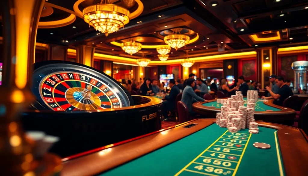 Winning at FLY88's roulette table with vibrant colors and engaged players in a luxurious casino.