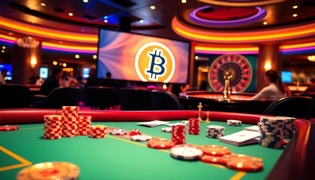 Gamblers experiencing the thrill of betting at Bitcoin casinos with vibrant atmosphere and casino elements