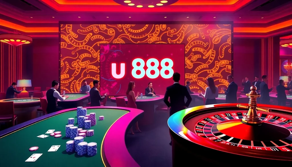 Experience the excitement of u 888 with vibrant casino tables, poker chips, and thrilling games.