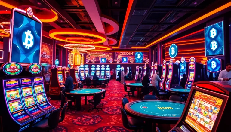 Les joueurs profitent des Bitcoin casinos dans un environnement de casino vibrant et moderne.