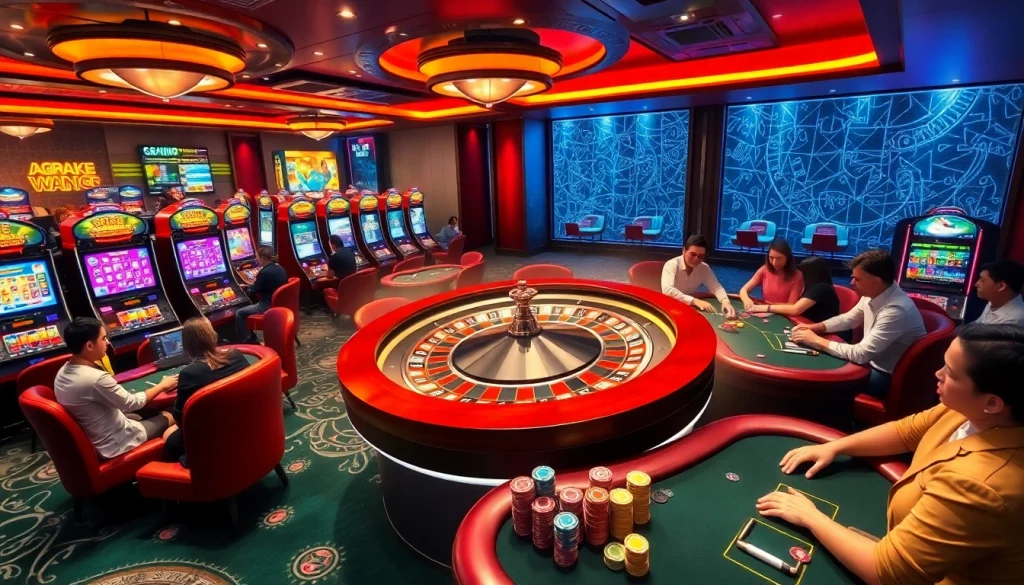 Experience thrilling gaming at 68VIP with vibrant slot machines and a spinning roulette wheel.