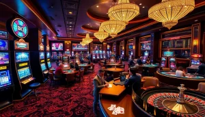 Players enjoying games at Bk33 casino with vibrant slots and tables in a luxurious setting.