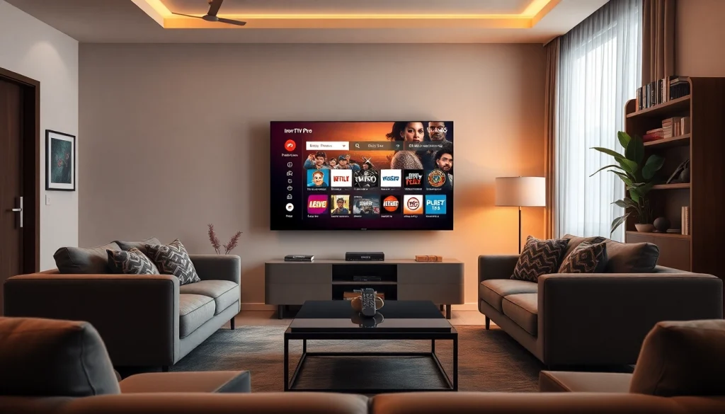 High-definition television displaying Iron TV Pro interface in a cozy living room.
