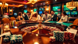 Scène de casino dynamique mettant en évidence les meilleurs sites de paris sportifs, avec des joueurs enthousiastes à la table de roulette.