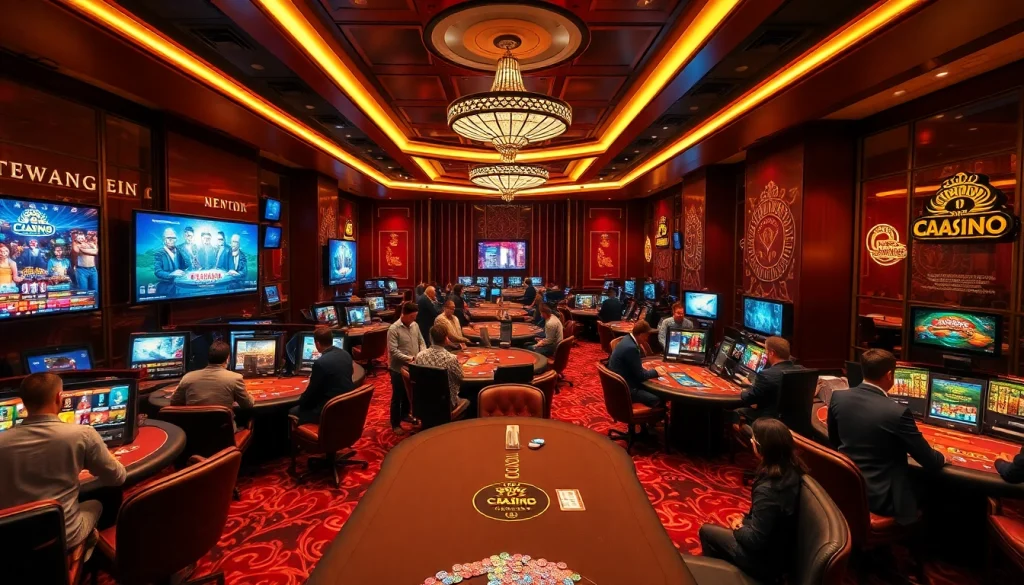 Jouer à casino en ligne 2026 avec des tables de jeux élégantes et des lumières vives.