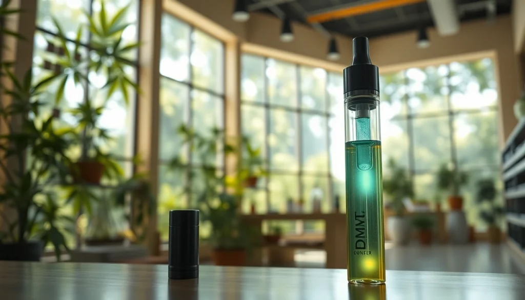 Buy DMT in Colorado with vibrant vape pen featured in a modern dispensary setting.