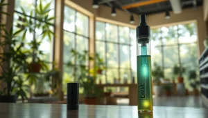 Buy DMT in Colorado with vibrant vape pen featured in a modern dispensary setting.