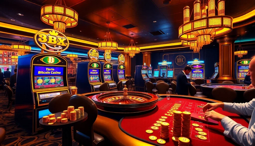 Excited players engaging with Bitcoin casinos, featuring lavish tables and vibrant slot machines.