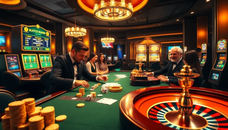Exciting Bitcoin casino scene featuring lively gaming tables and vibrant poker chips.