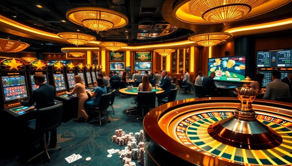 Engaging scene of meilleur casino en ligne france with players at digital roulette and slot machines.