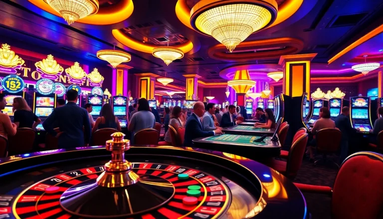 Le Bitcoin casino avec une ambiance vibrante, des joueurs passionnés et des lumières vives.
