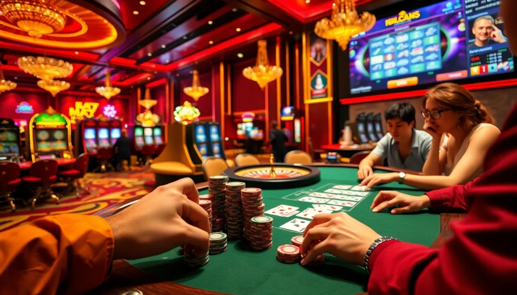 Players enjoying a thrilling game of poker at RR88 casino, with vibrant chips and cards.