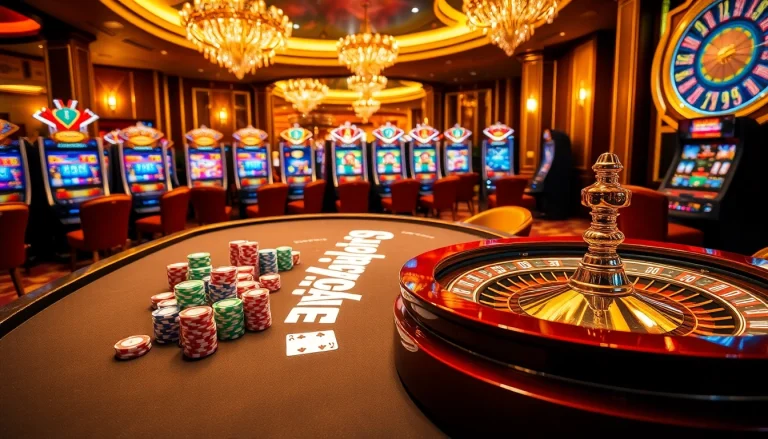 Experience the excitement of rikvip with an elegant casino scene featuring gaming tables and vibrant slots.