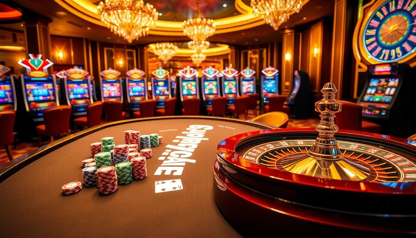 Experience the excitement of rikvip with an elegant casino scene featuring gaming tables and vibrant slots.