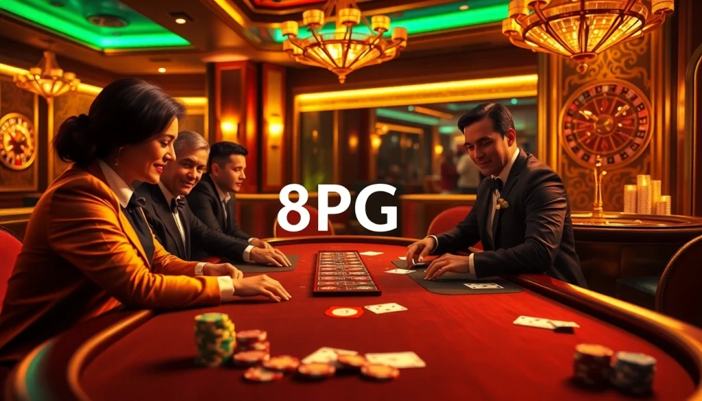 Jugadores disfrutando de poker de alto riesgo en una mesa de casino lujosa, promoviendo la emoción de 8PG.
