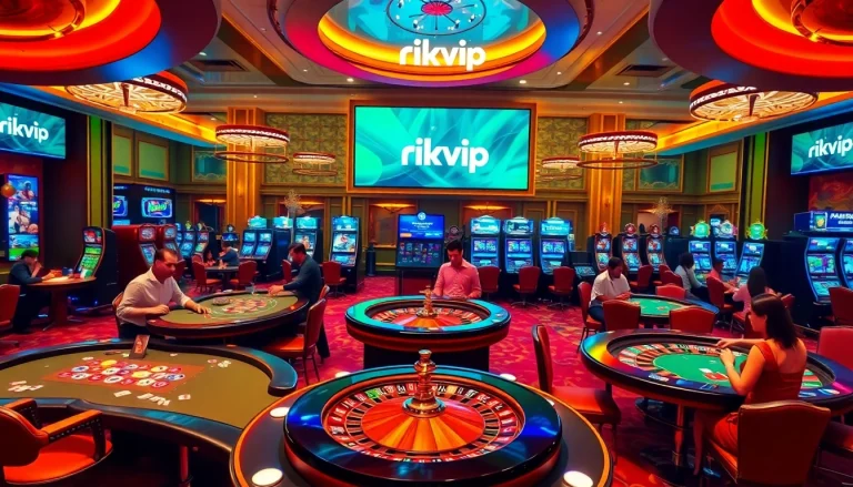 Engaging with rikvip at a luxurious online casino with vibrant tables and gaming excitement.