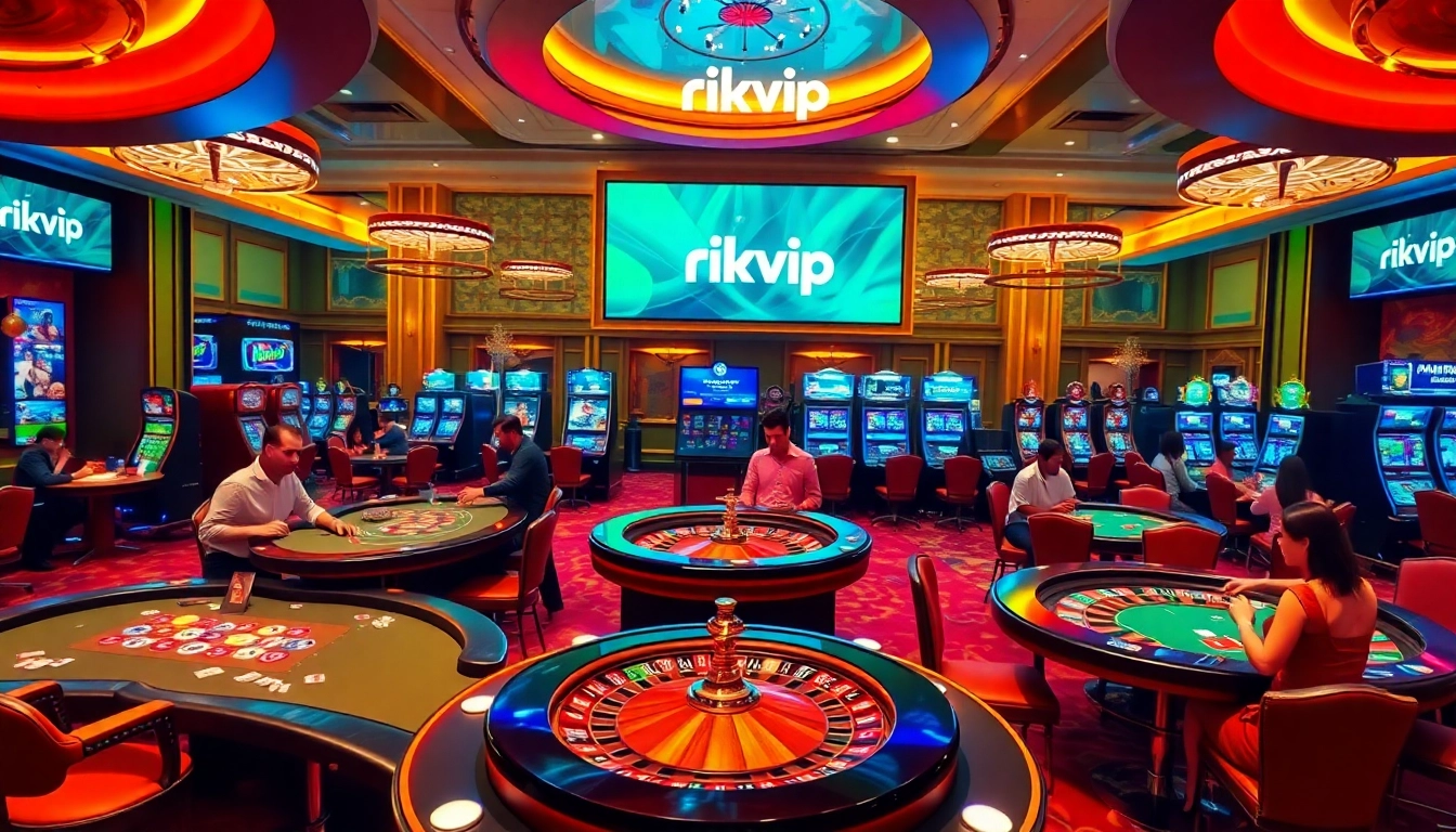 Engaging with rikvip at a luxurious online casino with vibrant tables and gaming excitement.