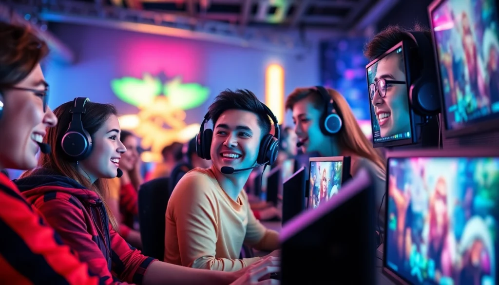 Exciting scene of gamers collaborating in GG88 WORK, showcasing modern gaming gear and vibrant atmosphere.