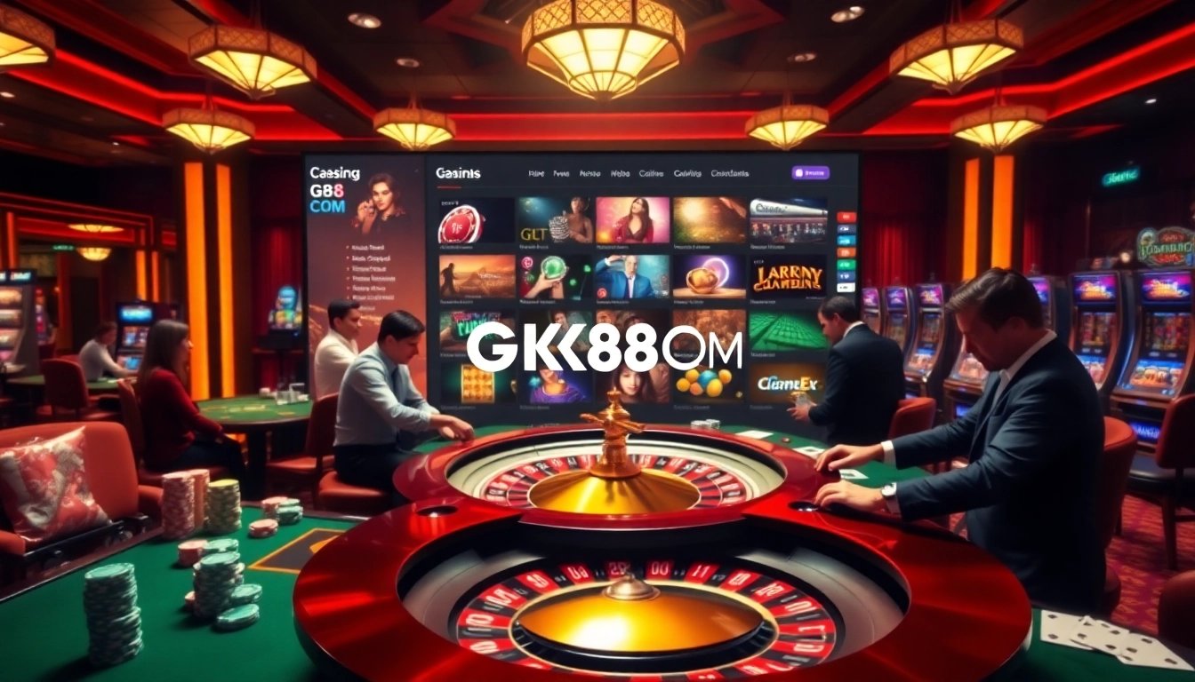 Players engage in a thrilling casino experience at GK88 COM, showcasing luxurious roulette and poker games.