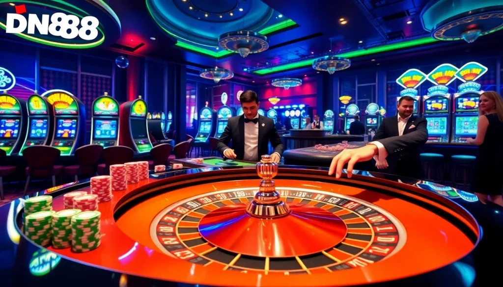 Experience the thrill of betting at dn88 casino with colorful chips and a lively roulette table.