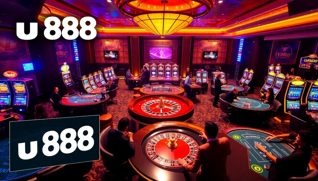 Experience thrilling gameplay with u 888 at an elegant casino filled with vibrant slot machines and table games.