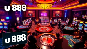 Experience thrilling gameplay with u 888 at an elegant casino filled with vibrant slot machines and table games.