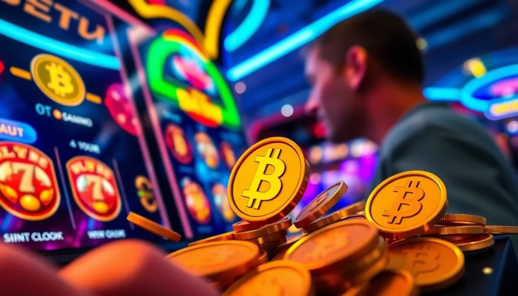 Les gains au Bitcoin casino avec une interface de jeu dynamique et des lumières vives.