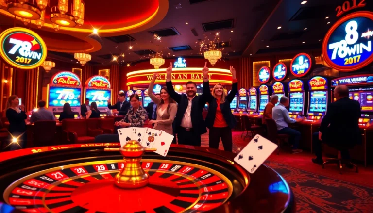 Experience the thrill of 78WIN at a vibrant casino scene with roulette and exciting slot machines.