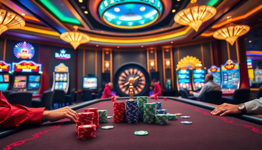 Experience the excitement at Bk33 casino with tables of poker chips and glowing slot machines.