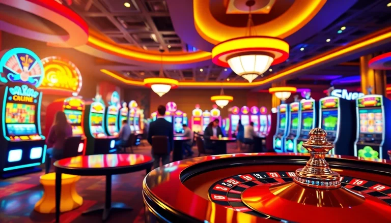 Expérience de casino en ligne captivante avec joueurs et tables animées.