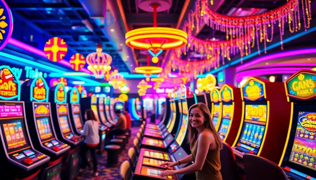 Jouer à casino en ligne avec une ambiance colorée et dynamique, mettant en avant des machines à sous.