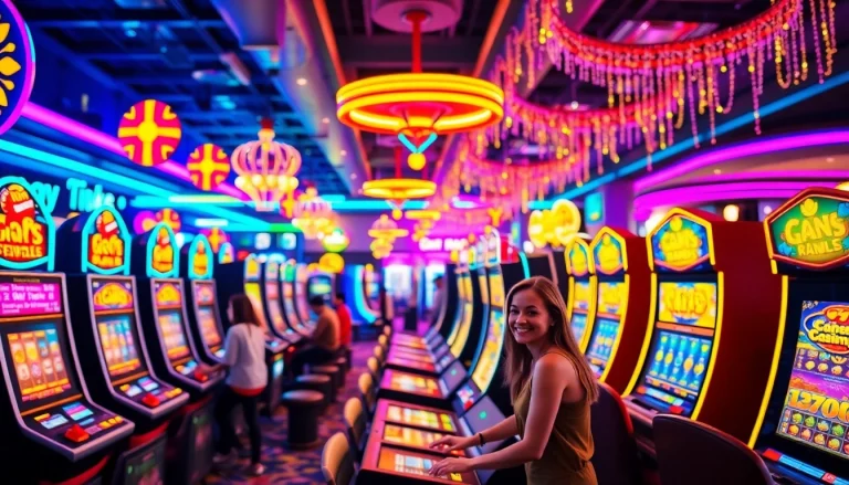Jouer à casino en ligne avec une ambiance colorée et dynamique, mettant en avant des machines à sous.