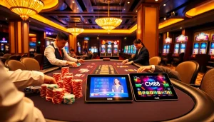 Engaging gambling scene with CM88 logo, showcasing table games and vibrant slot machines.