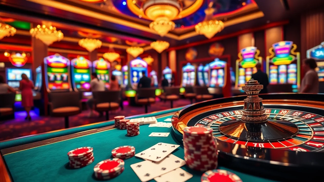 Experience the thrill of 28bet with an exciting casino scene showcasing poker chips and roulette wheels.