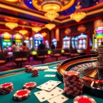 Experience the thrill of 28bet with an exciting casino scene showcasing poker chips and roulette wheels.