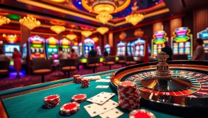 Experience the thrill of 28bet with an exciting casino scene showcasing poker chips and roulette wheels.