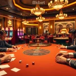 Exciting gaming action at 8kbet casino with vibrant tables, chips, and players engaged in bets.