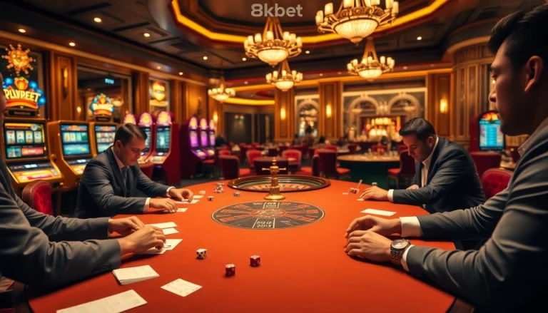 Exciting gaming action at 8kbet casino with vibrant tables, chips, and players engaged in bets.