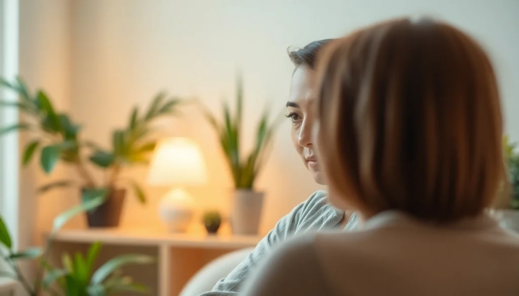 Counselor discussing depression symptoms with a client in a calm office setting.
